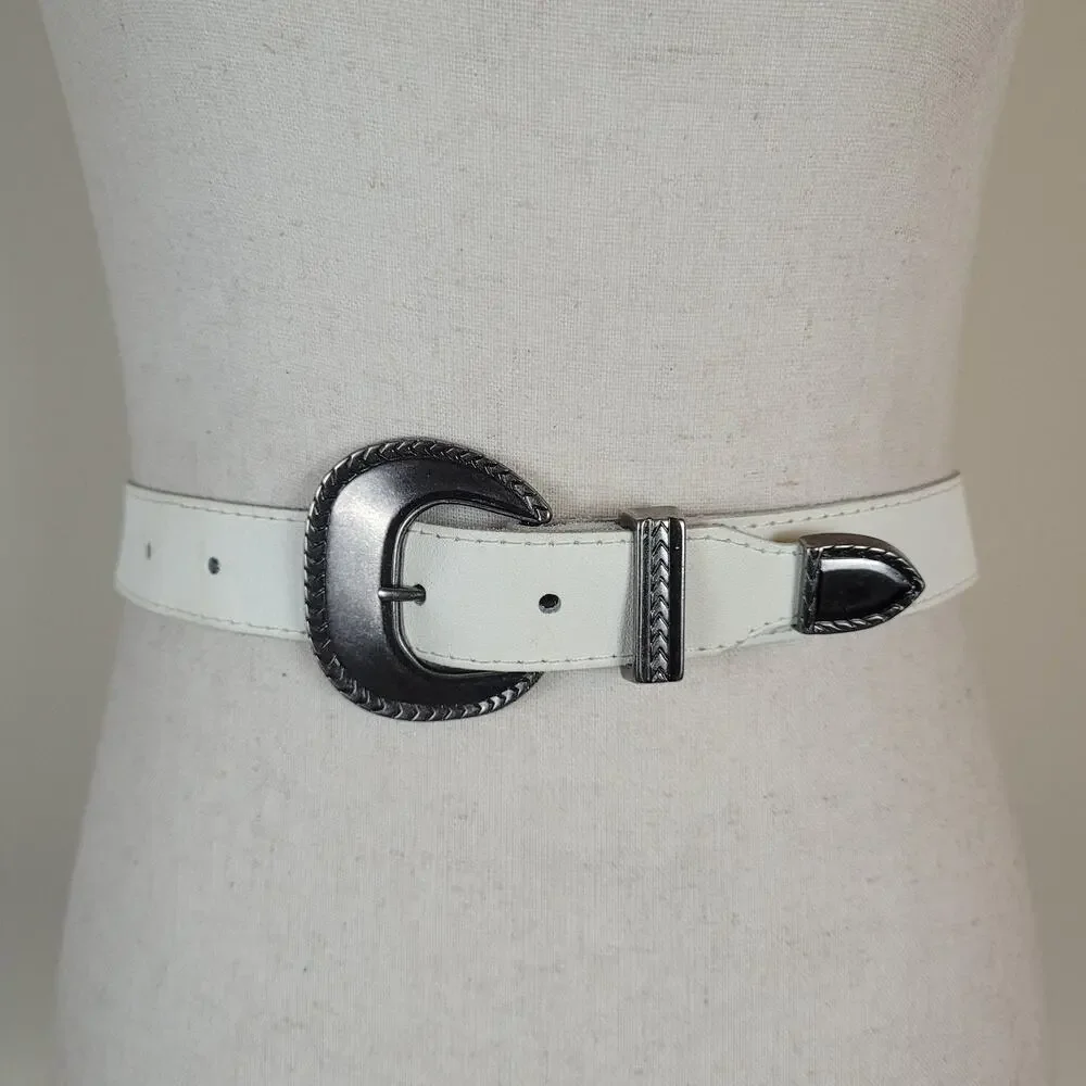 Off-White Leather Belt Small Western Antique Silver Buckle Cowgirl Boho Cowboy